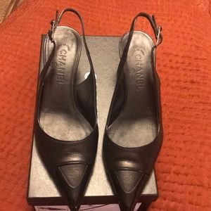 Classic CHANEL Black Leather CC Slingback Pumps
